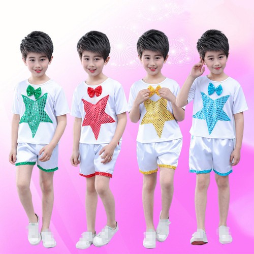 Boys jazz singer chorus modern dance costumes school competition show performance cheer leaders photos cosplay tops and shorts